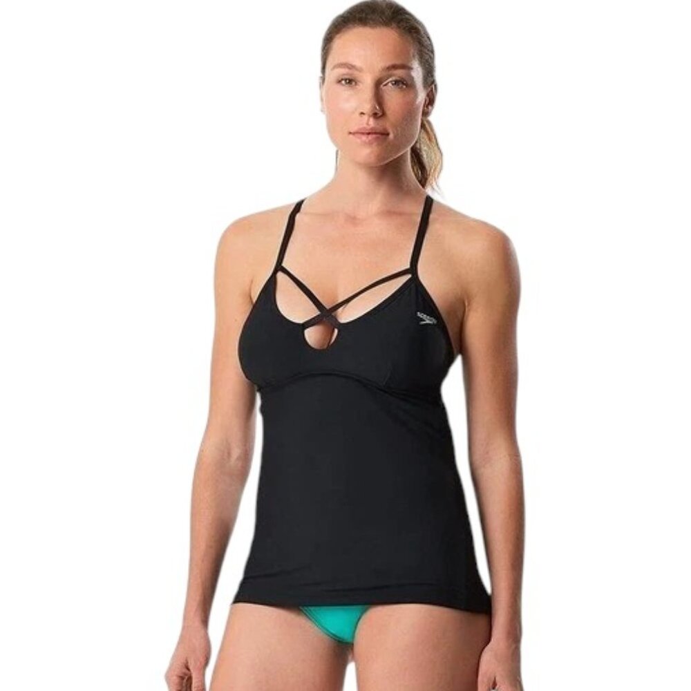 SPEEDO Gym to Pool Endurance Lite Aqua Elite Black Strappy Takini Swimsuit